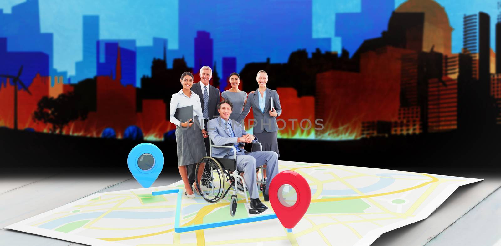 Disabled businessman with his colleagues smiling at camera against artistic cityscape design