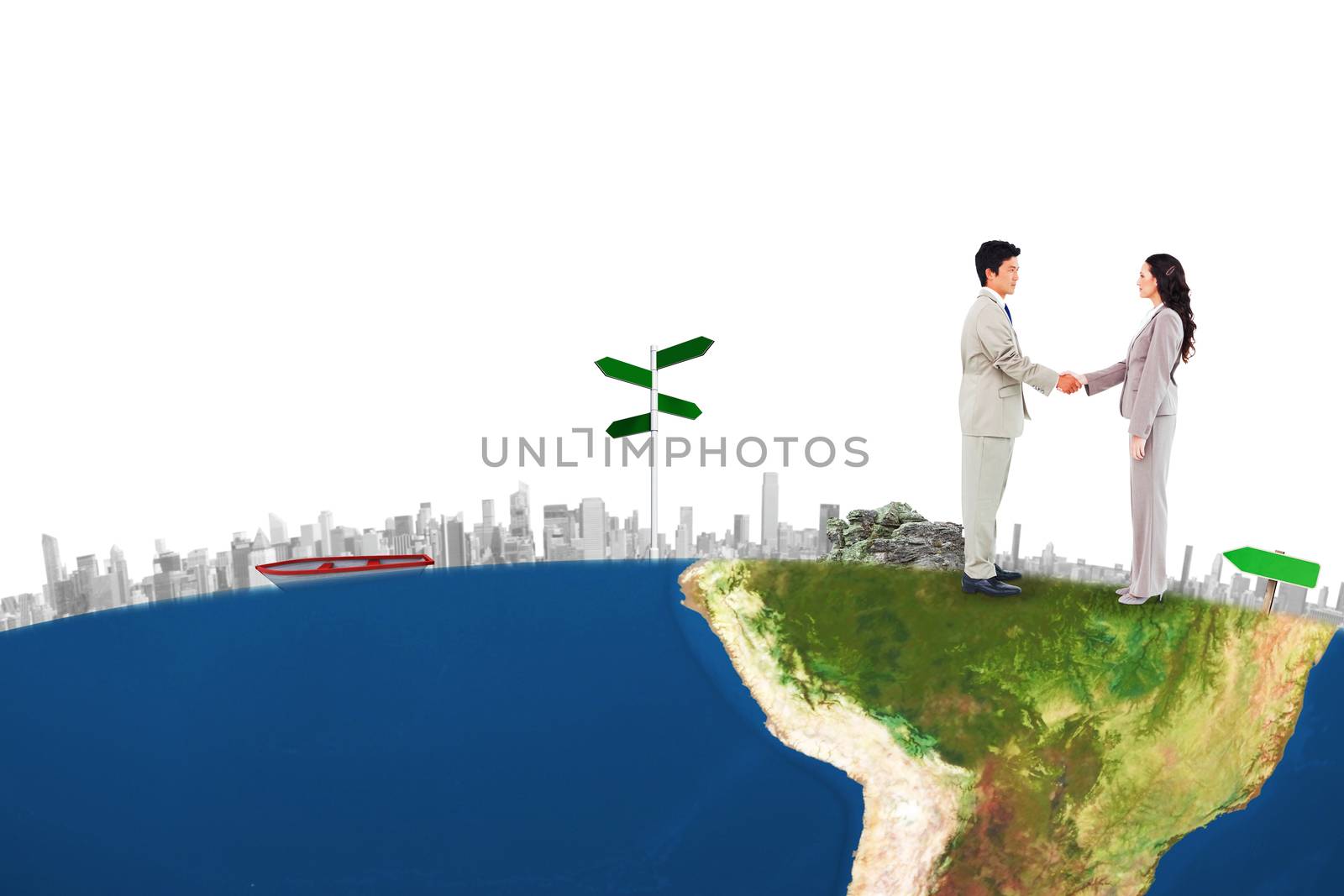 Side view of hand shaking trading partners against global travel graphic