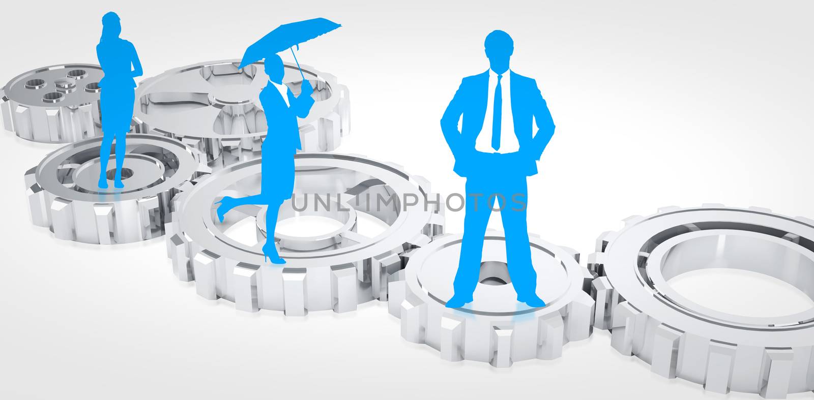 Blue business silhouette against cogs and wheels