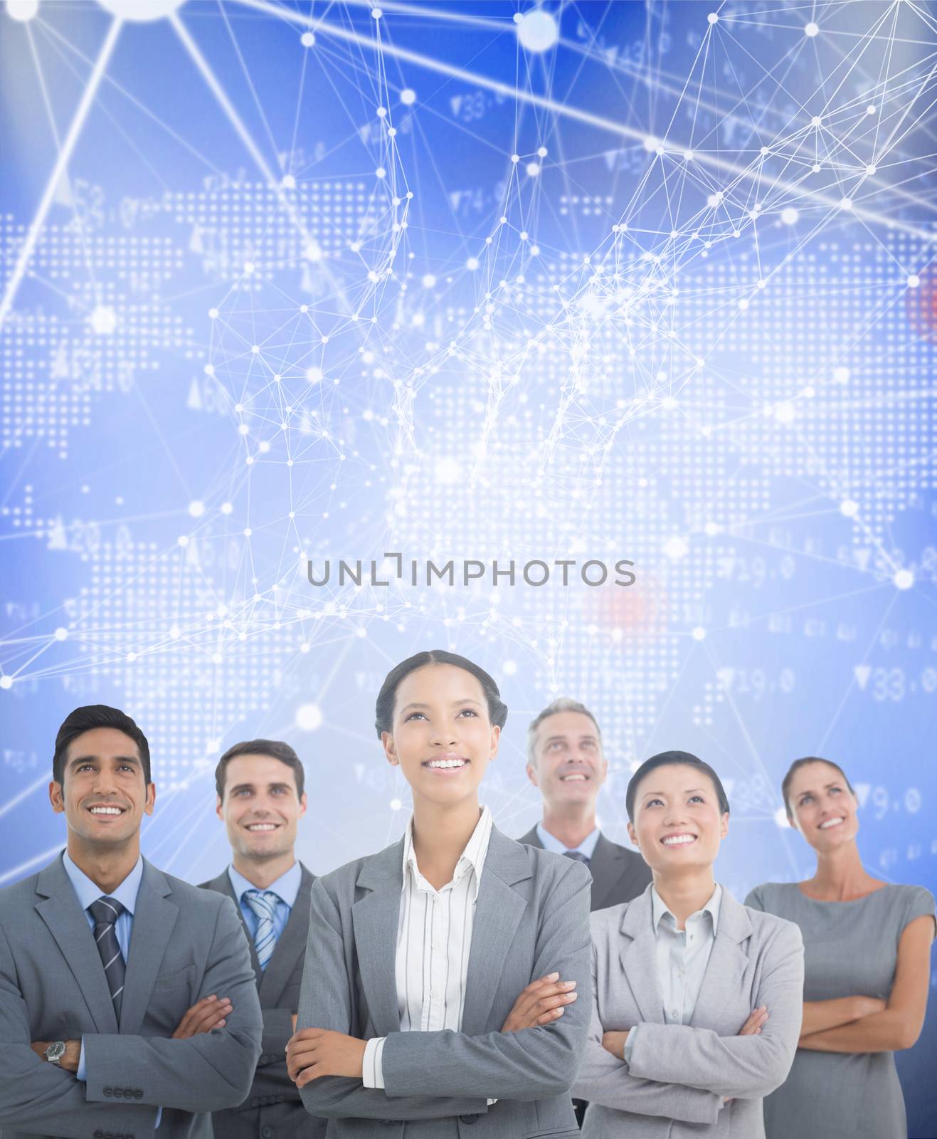 Business people looking up in office against world map with stocks figures