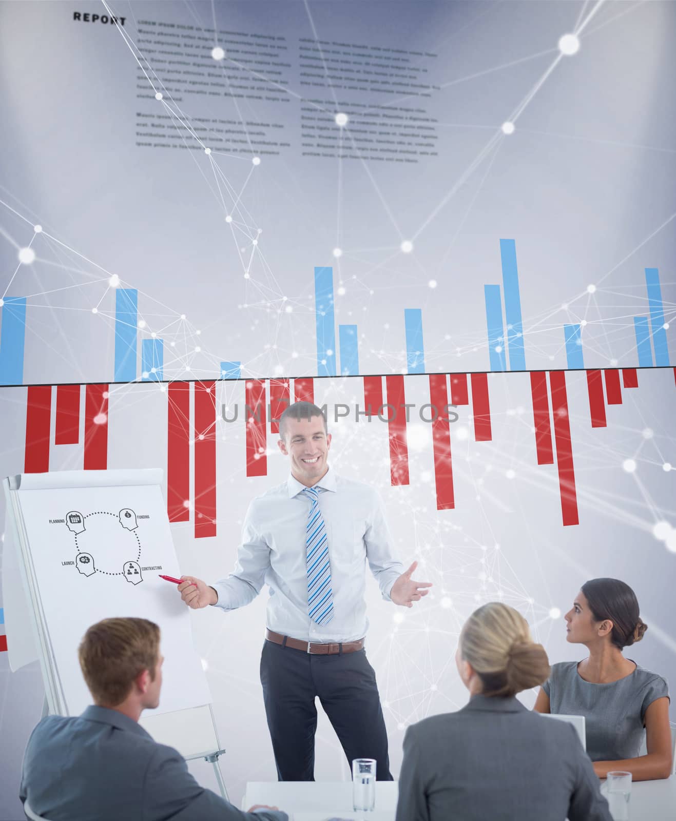 Composite image of manager presenting whiteboard to his colleagues by Wavebreakmedia
