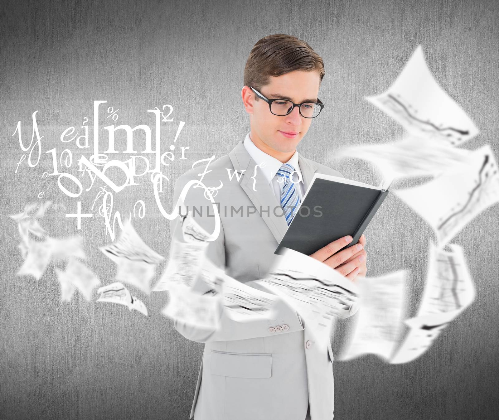 Composite image of geeky businessman reading black book by Wavebreakmedia