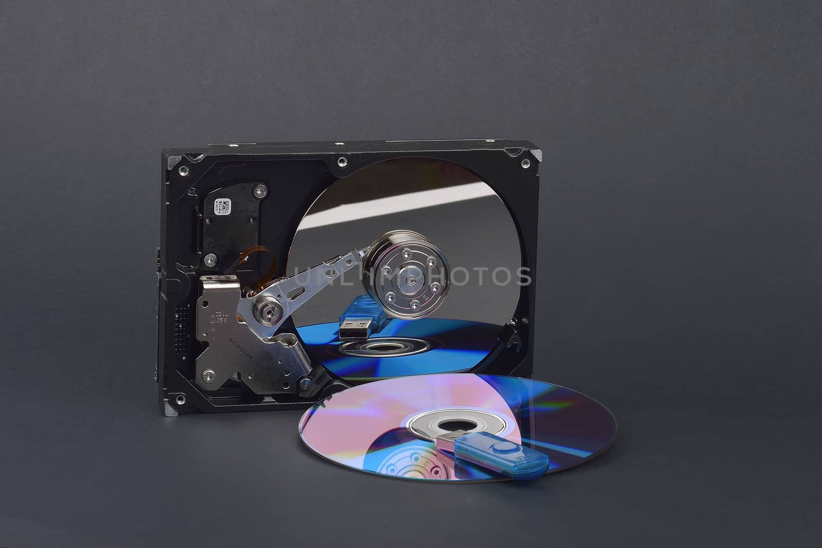 Flash card lying on a disk and a opened hard disk on  dark grey background by constantinhurghea