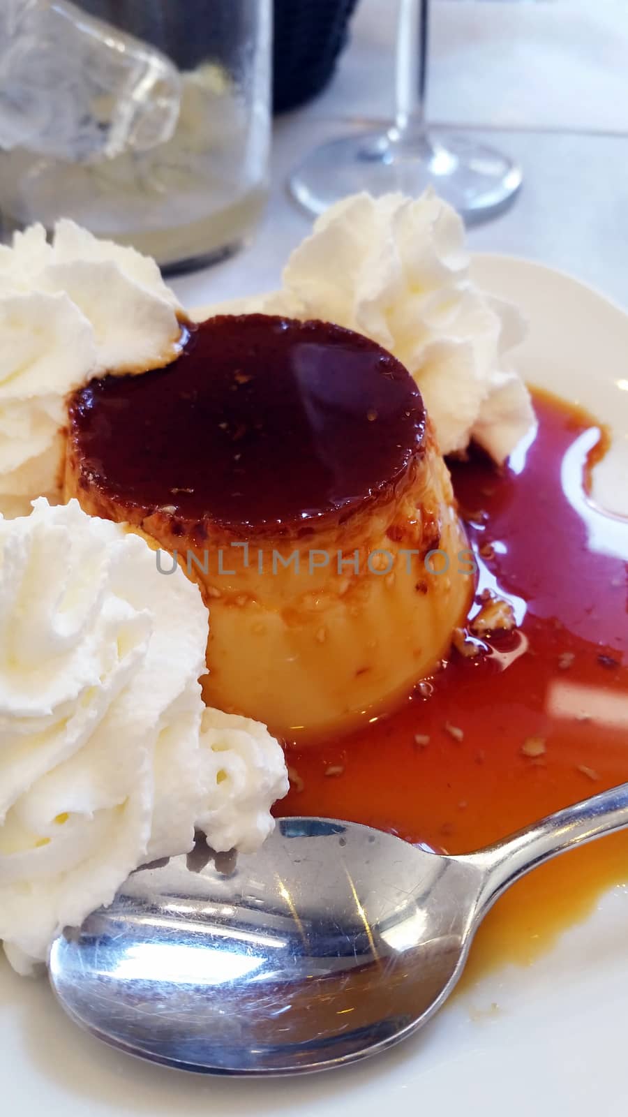 Delicious creme caramel dessert in a French restaurant
