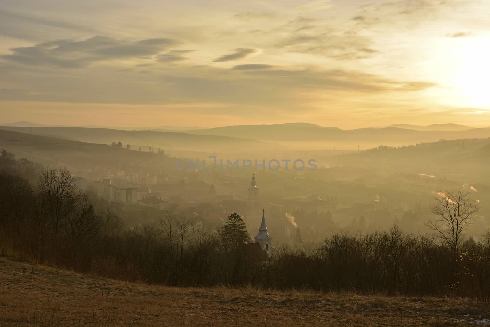 autumn sunrise over village