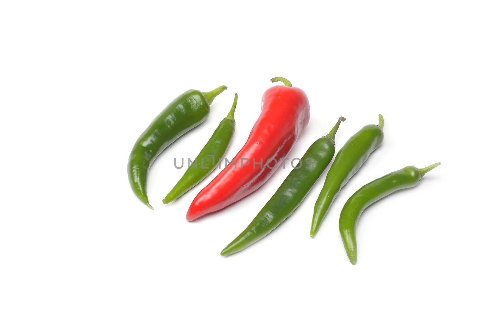 Some red and green hot peppers on a white background by constantinhurghea
