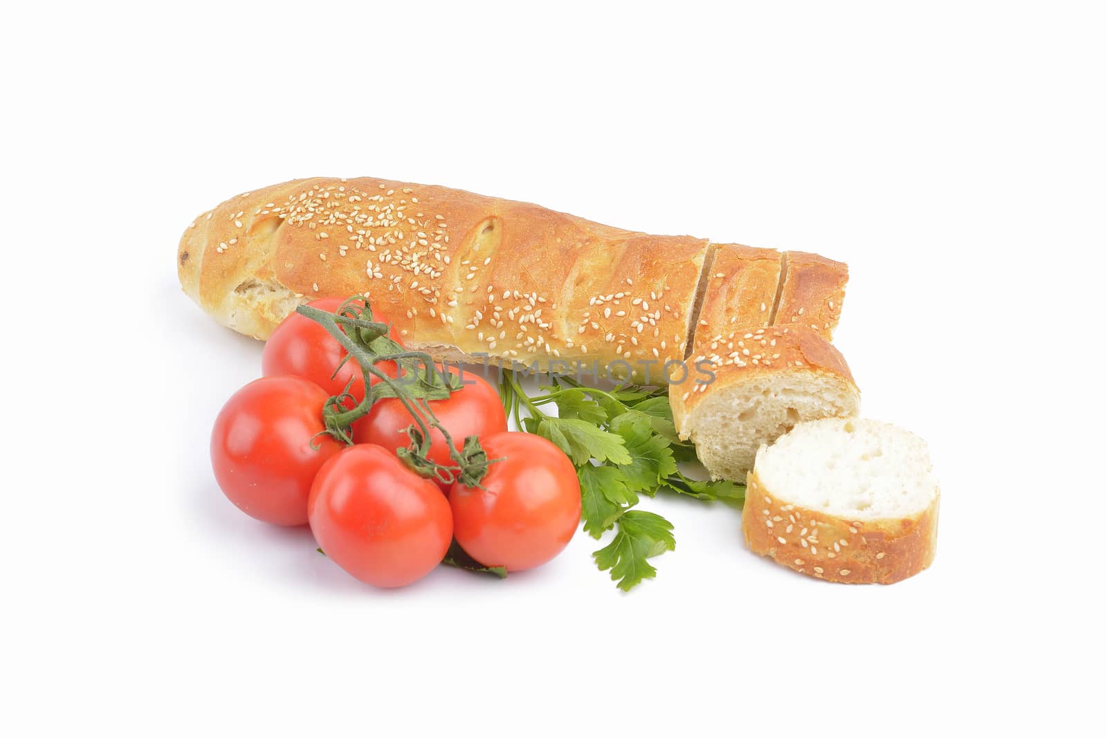 fresh homemade natural bread with vegetables  on white background by constantinhurghea