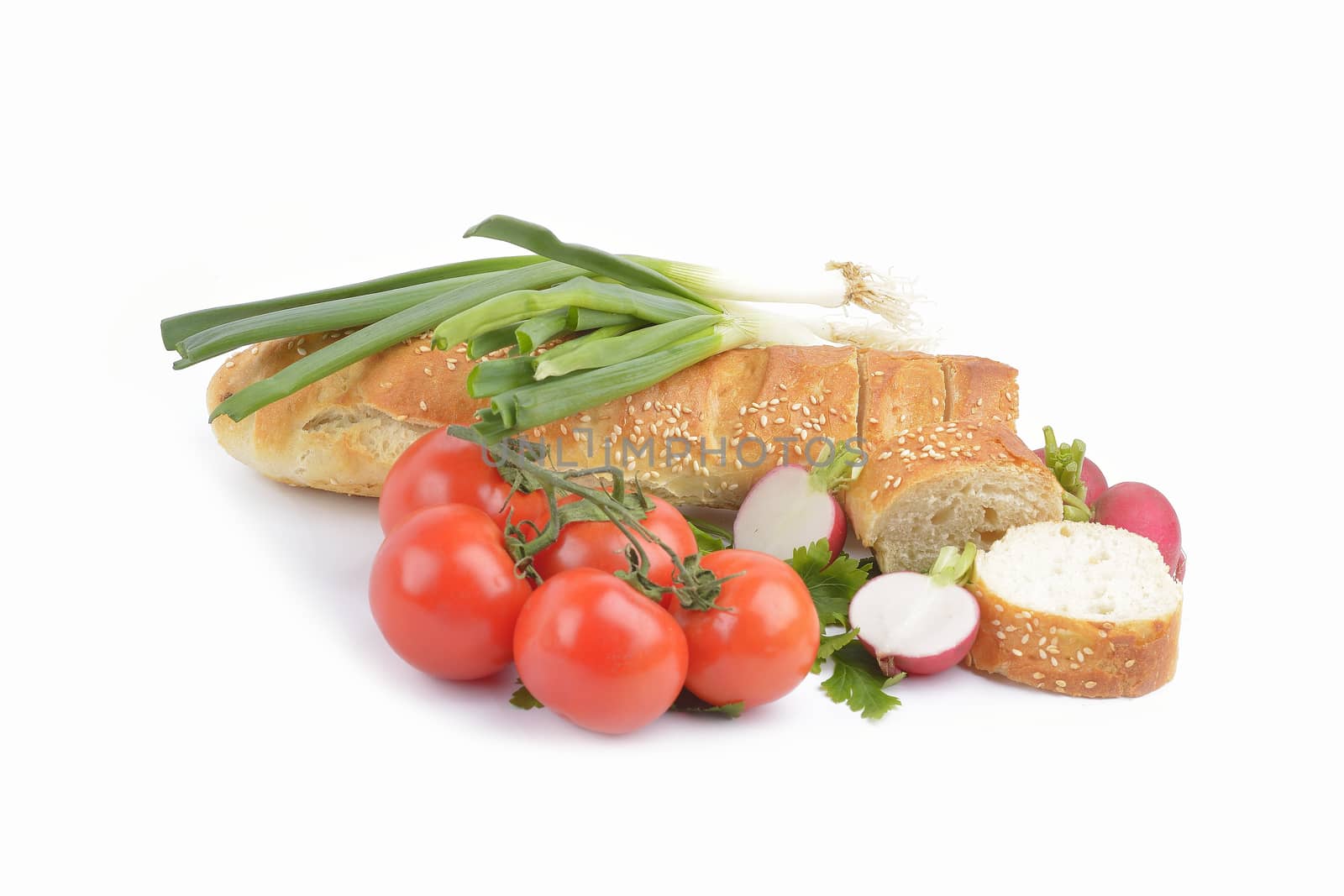 fresh homemade natural bread with vegetables  on white background by constantinhurghea