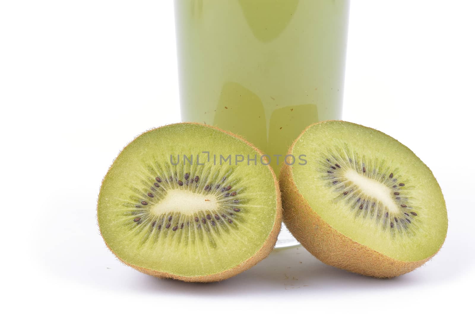 fresh kiwi juice and fruit on white background