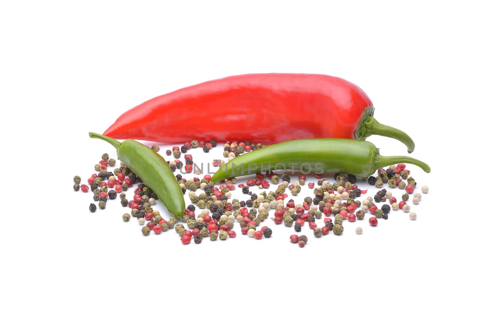 Pepper and pepper spice on white background