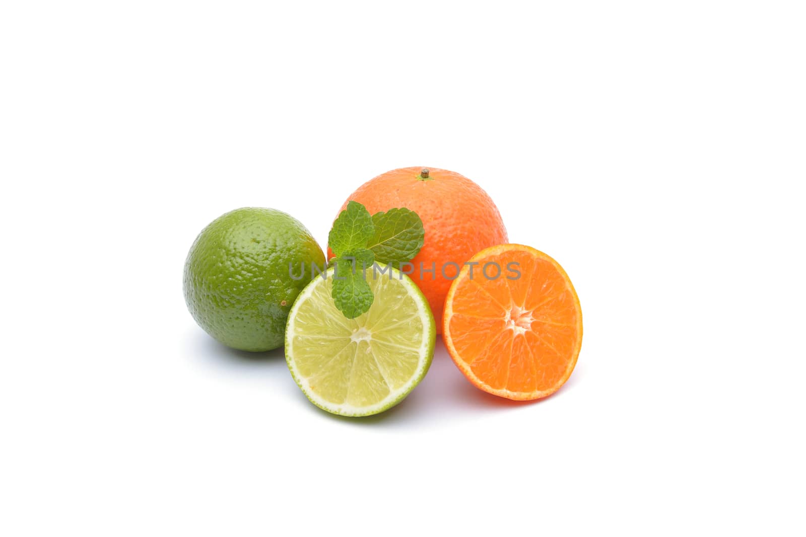 Limes and tangerines on white background by constantinhurghea