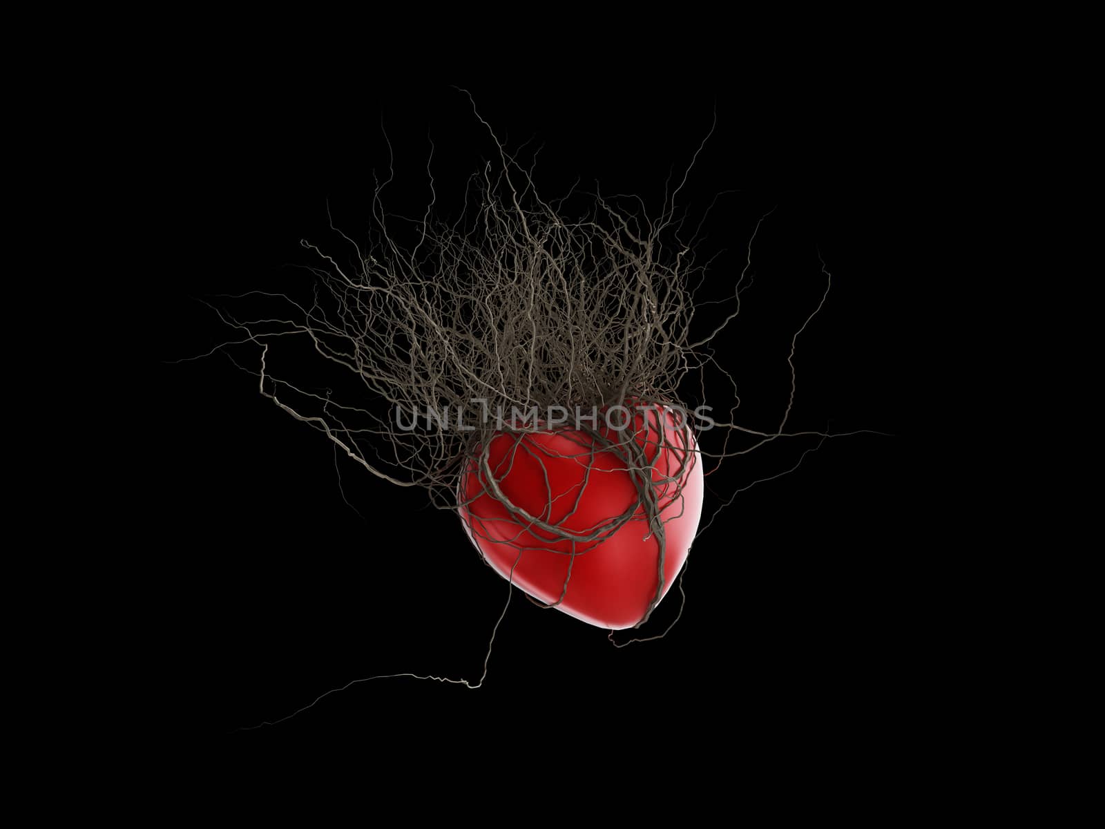 Brown's roots grew out of a red heart, in a black background. by teerawit