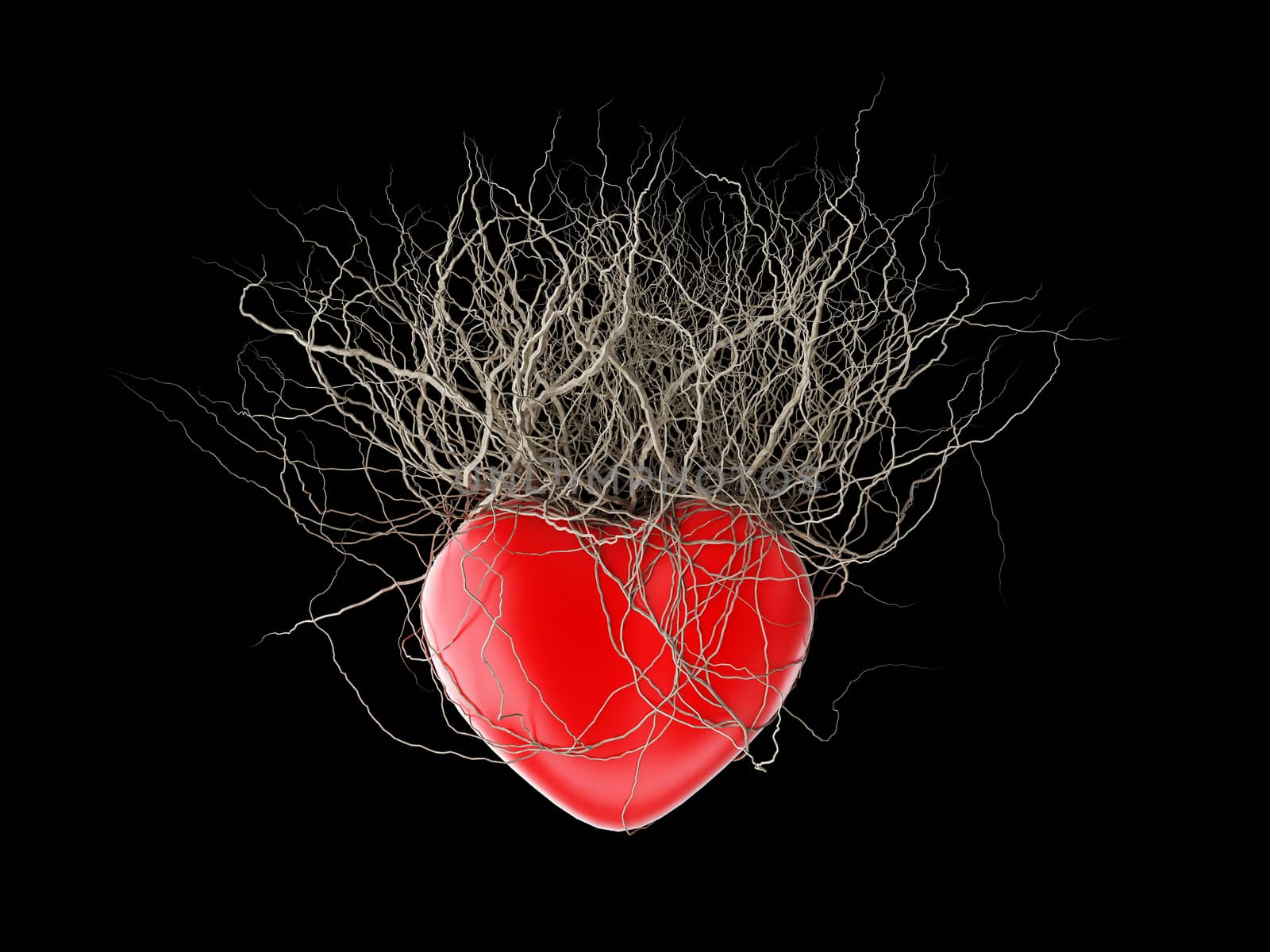 Brown's roots grew out of a red heart, in a black background. by teerawit