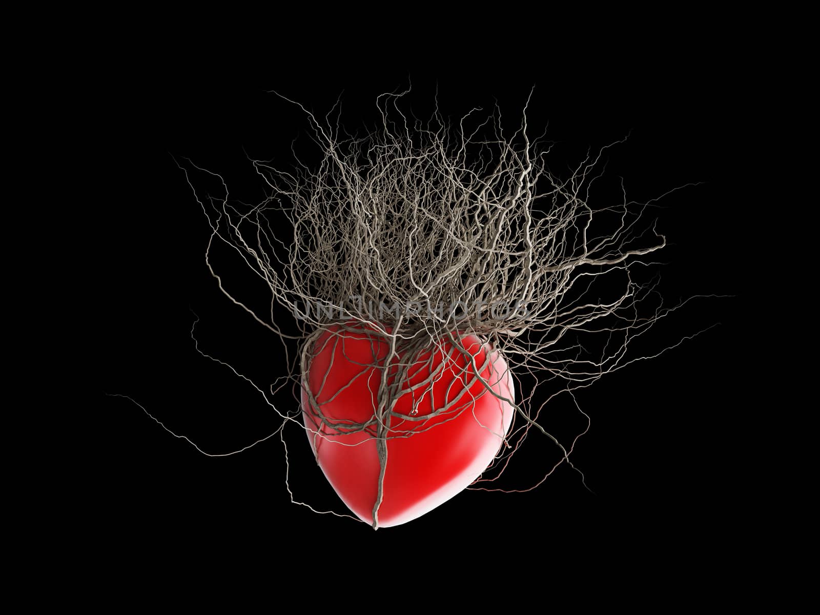 Brown's roots grew out of a red heart, in a black background.