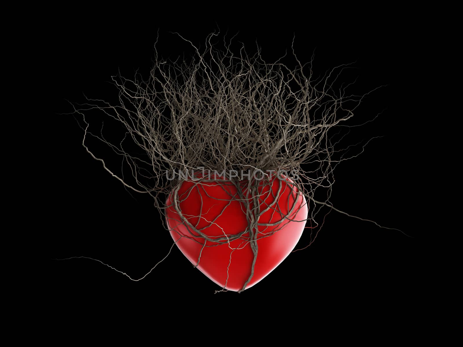 Brown's roots grew out of a red heart, in a black background.