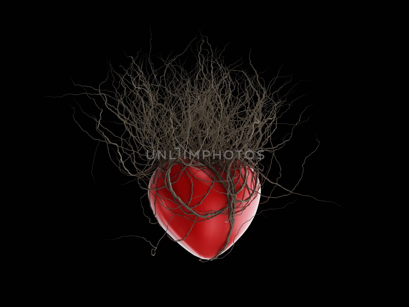 Brown's roots grew out of a red heart, in a black background. by teerawit