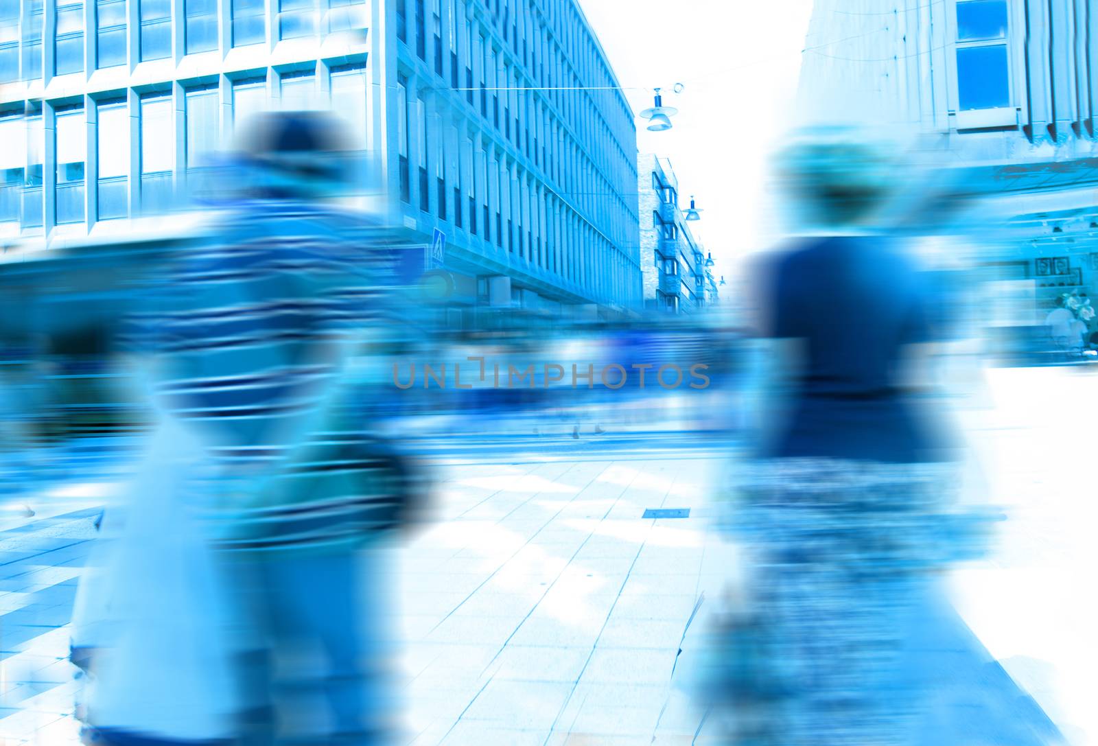 Hurrying crowd of people. Blue abstract picture.