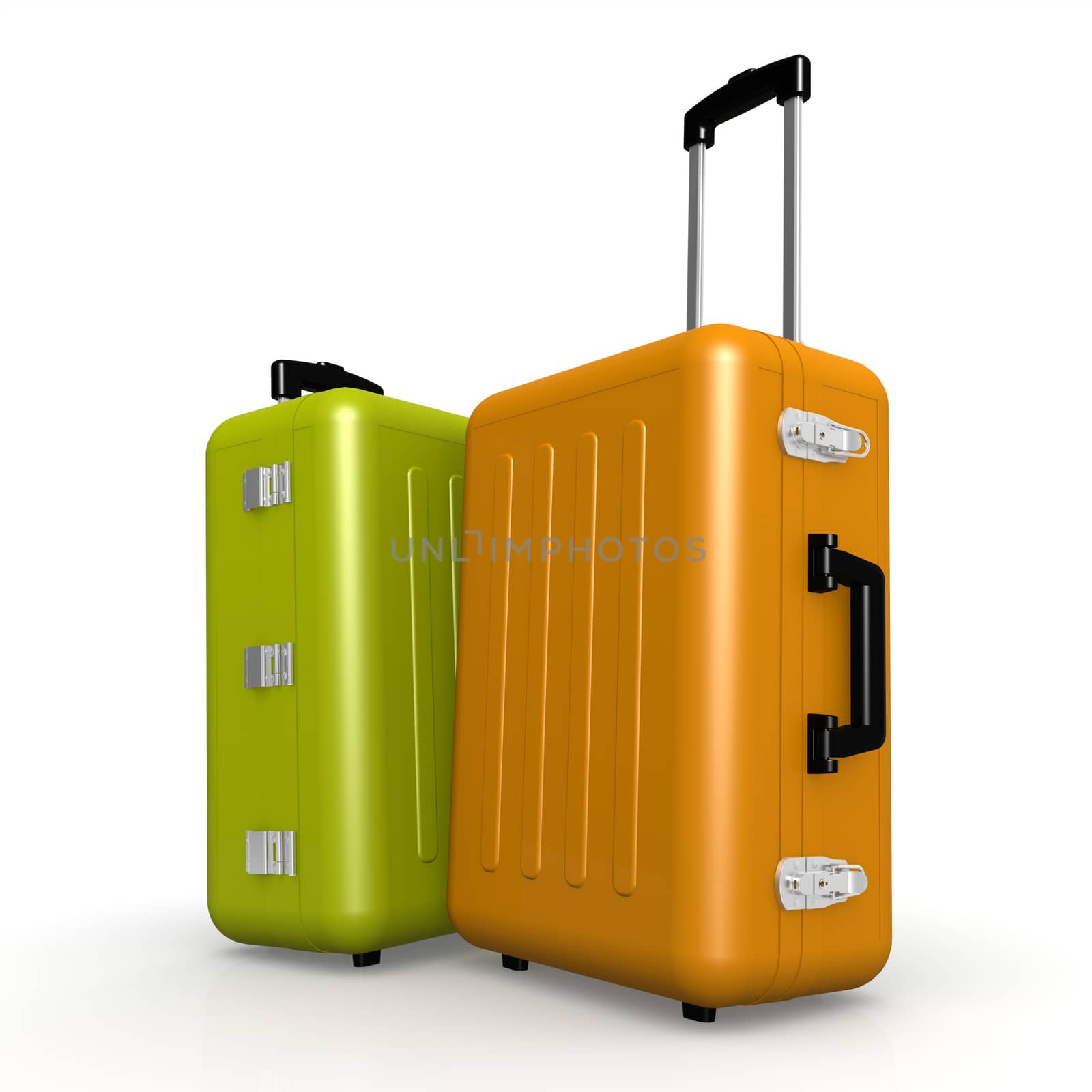 Orange and green luggages stand on the floor by tang90246