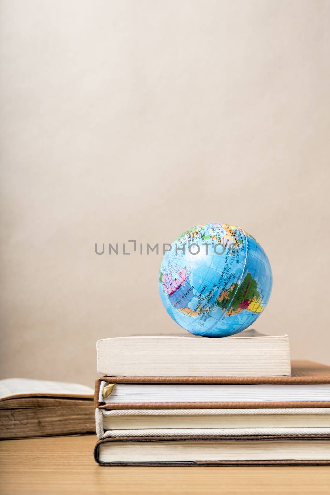 book and earth ball on wood background