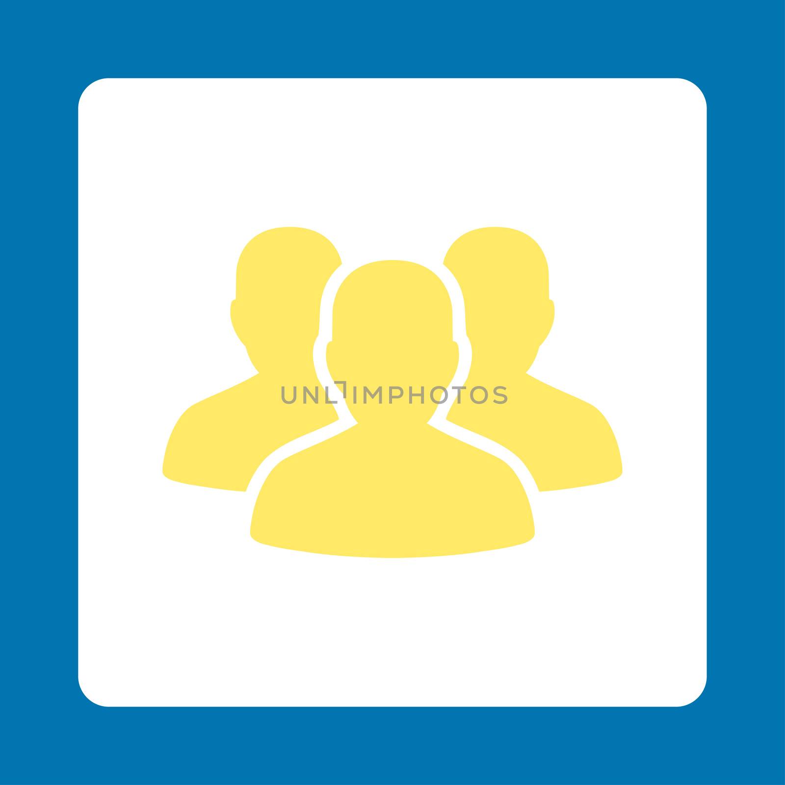 Account Group raster icon. This flat rounded square button uses yellow and white colors and isolated on a blue background.
