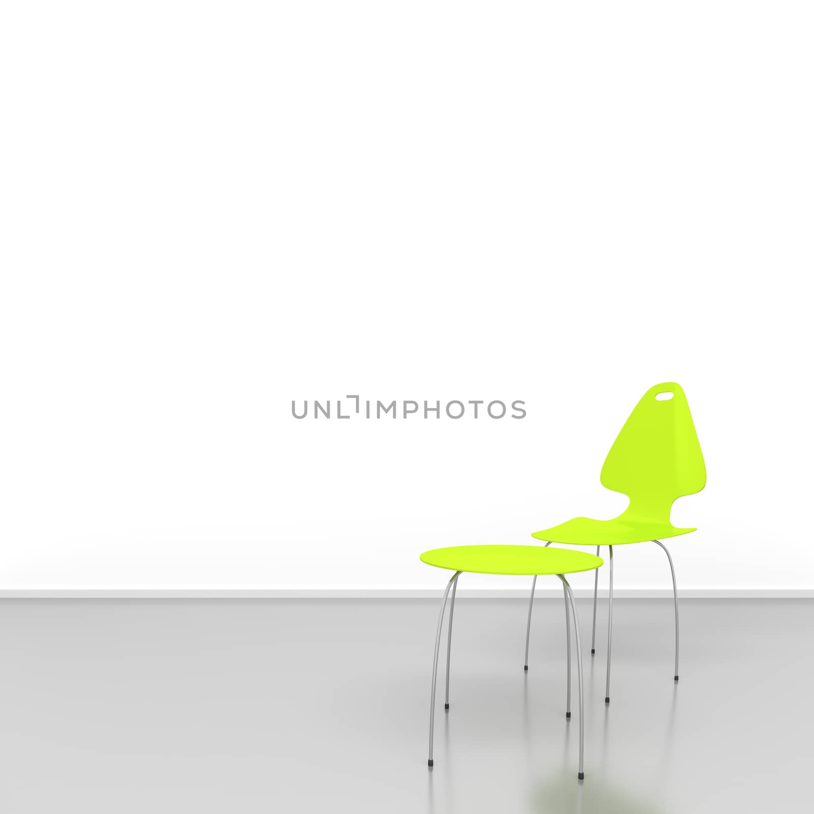 An image of a green chair and a table