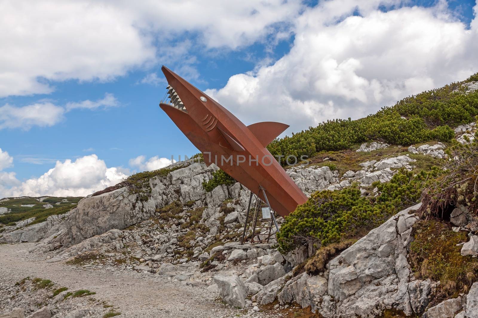 Obertraun, Austria - June 27, 2014: Dachstein Shark, attraction on the Heilbronn circular trail. It provides visitors with a glimpse into the pre-historic past of the Dachstein Massif.