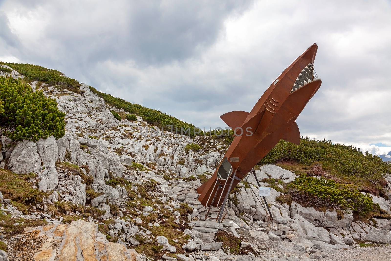 Obertraun, Austria - June 27, 2014: Dachstein Shark, attraction on the Heilbronn circular trail. It provides visitors with a glimpse into the pre-historic past of the Dachstein Massif.