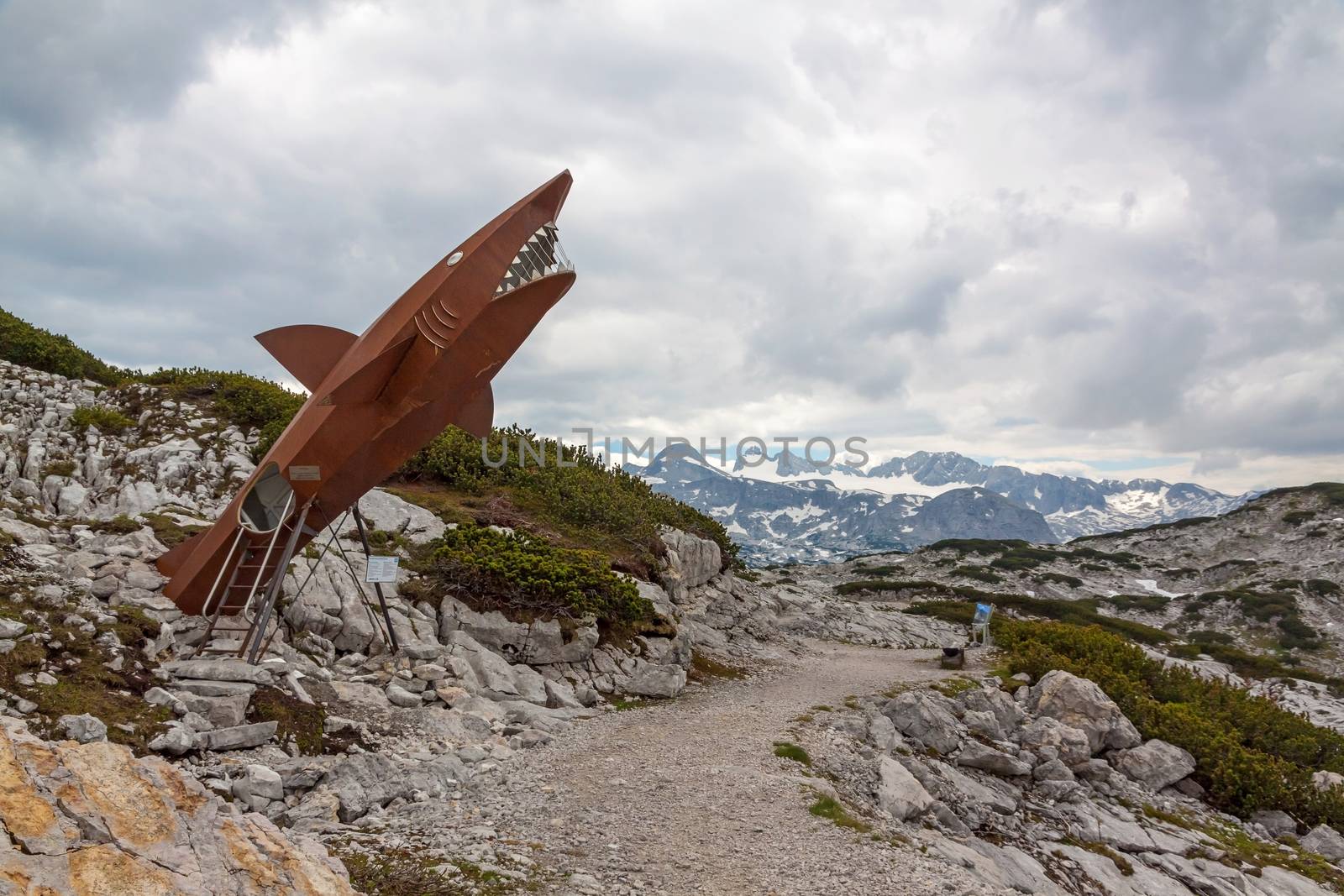 Obertraun, Austria - June 27, 2014: Dachstein Shark, attraction on the Heilbronn circular trail. It provides visitors with a glimpse into the pre-historic past of the Dachstein Massif.
