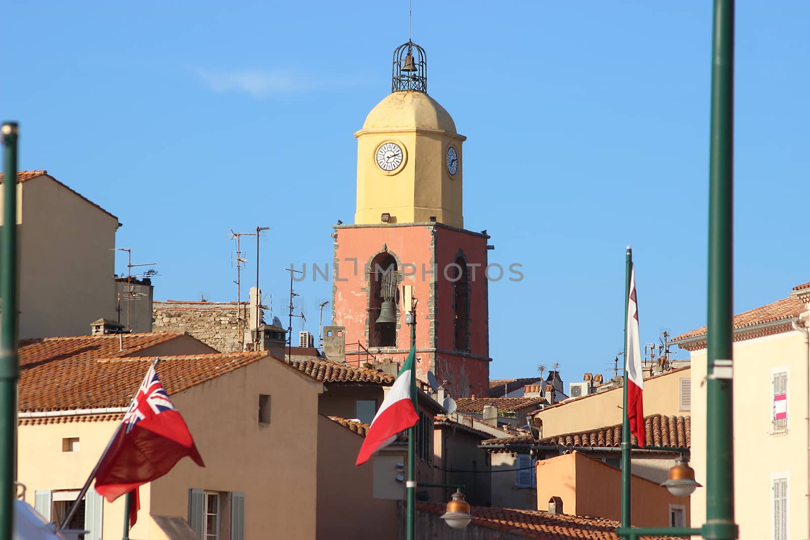 Clock Tower in Saint Tropez France. View of Saint-Tropez