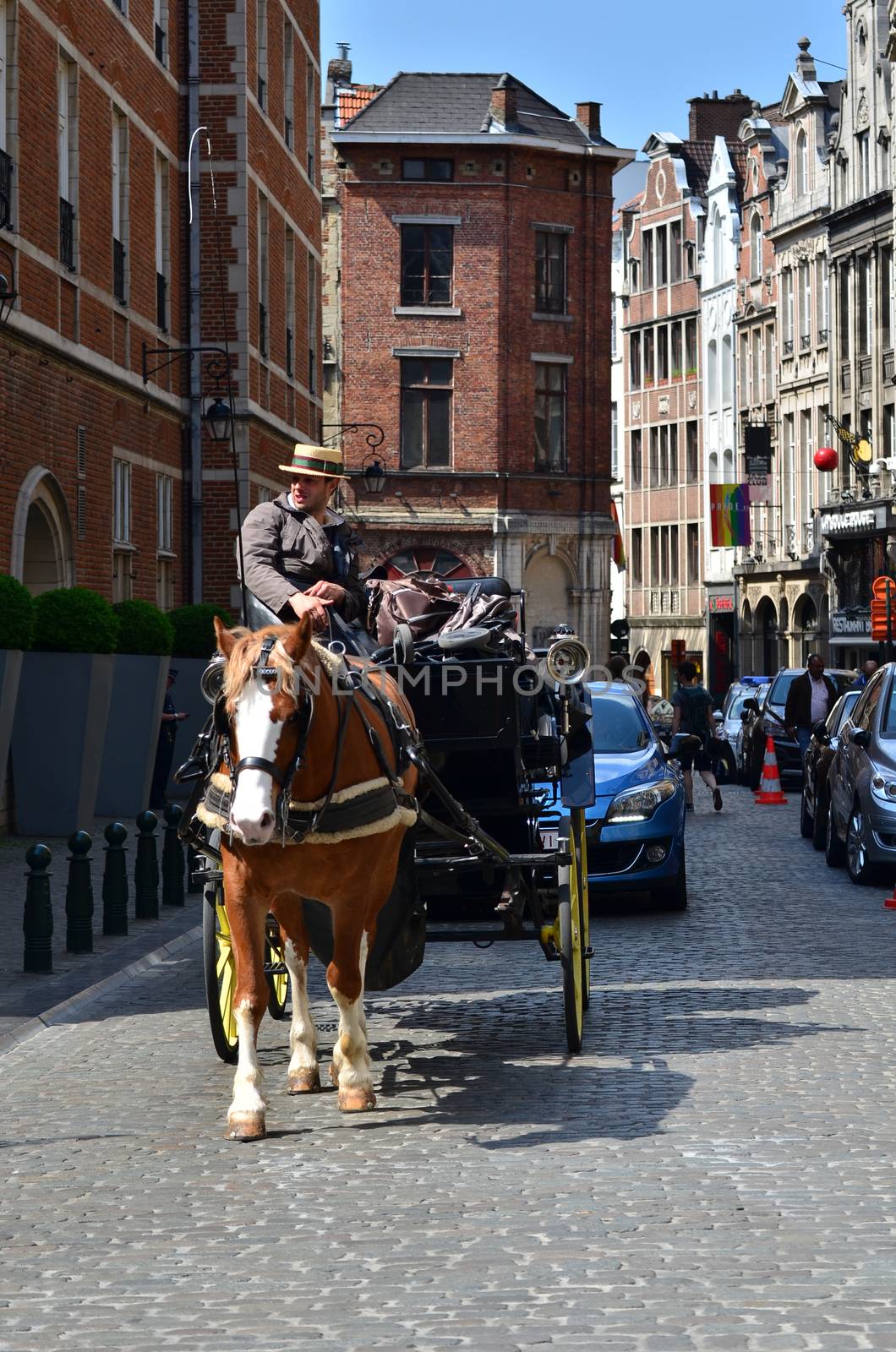 Brussels, Belgium - May 12, 2015: Driver in traditional horse carriage around the city of Brussels. by siraanamwong
