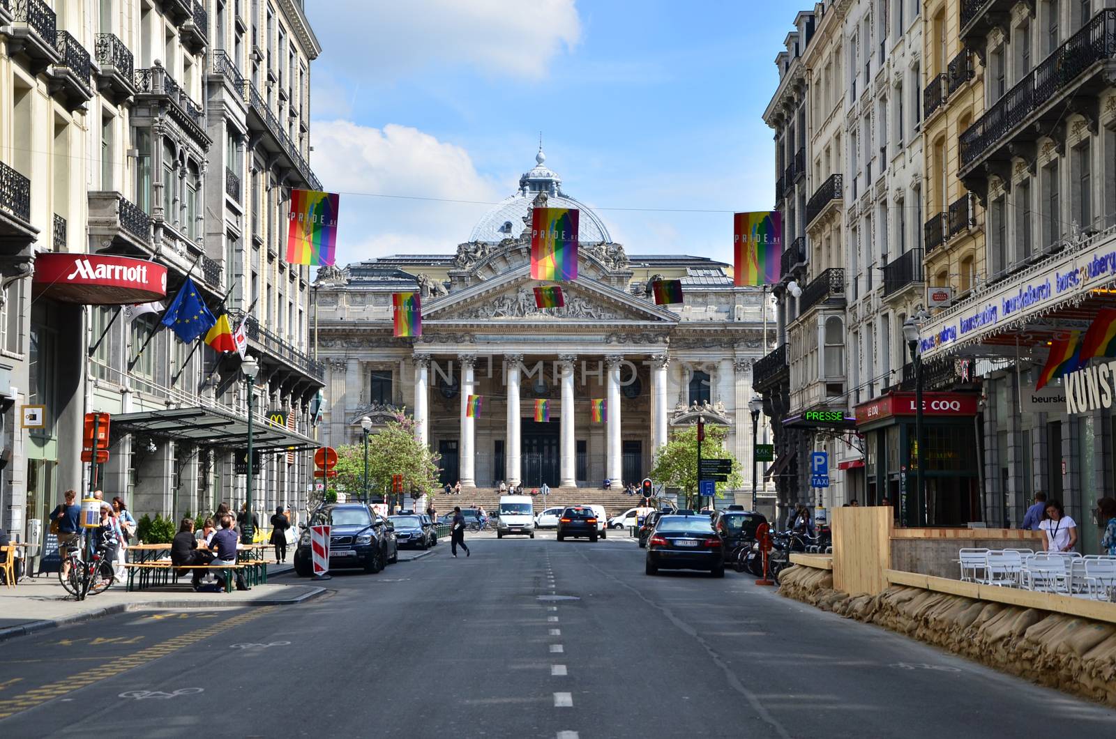 Brussels, Belgium - May 12, 2015: Peoples at Brussels Stock Exchange on May 12, 2015. The building was founded in Brussels, Belgium, by decree of Napoleon in 1801.