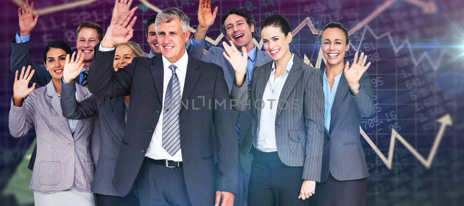 Smiling business team waving at camera against stocks and shares