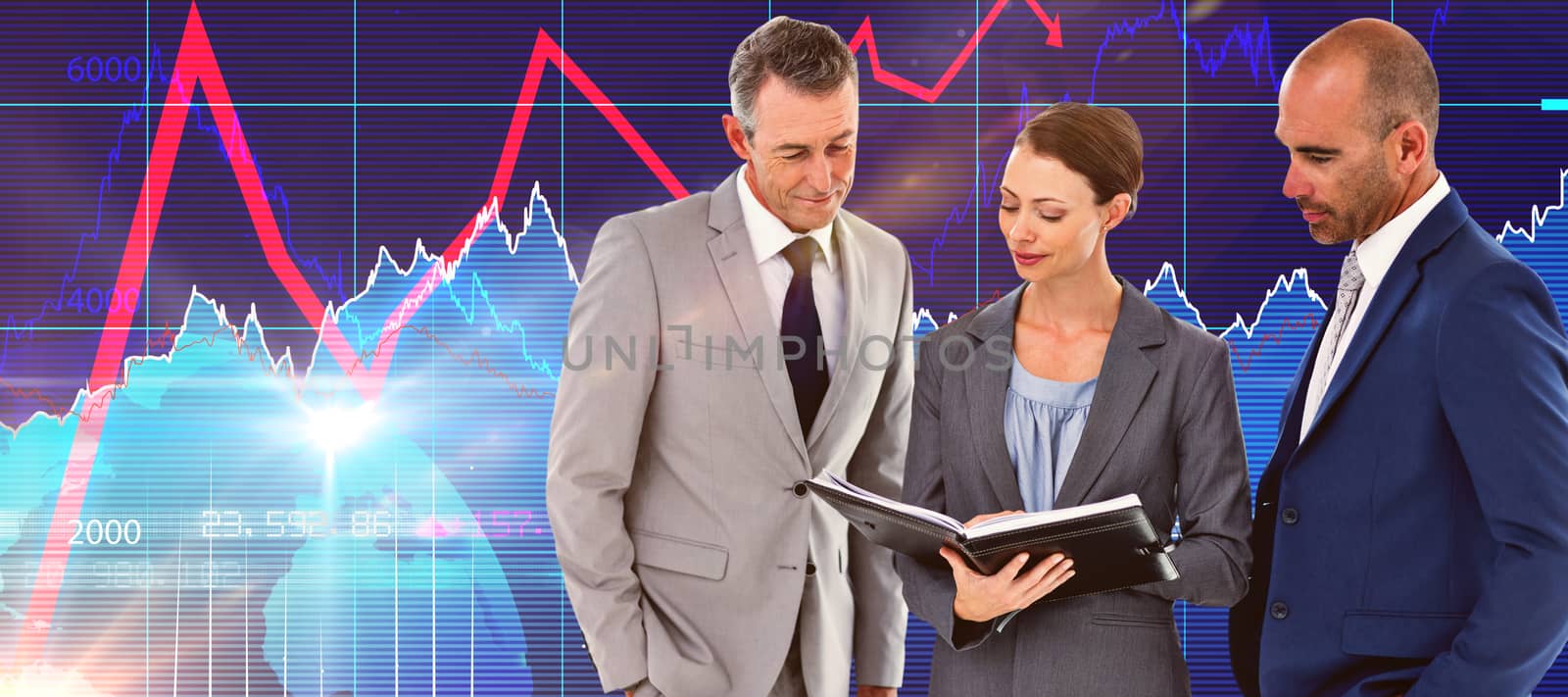 Businesswoman showing her notes to her colleagues against stocks and shares