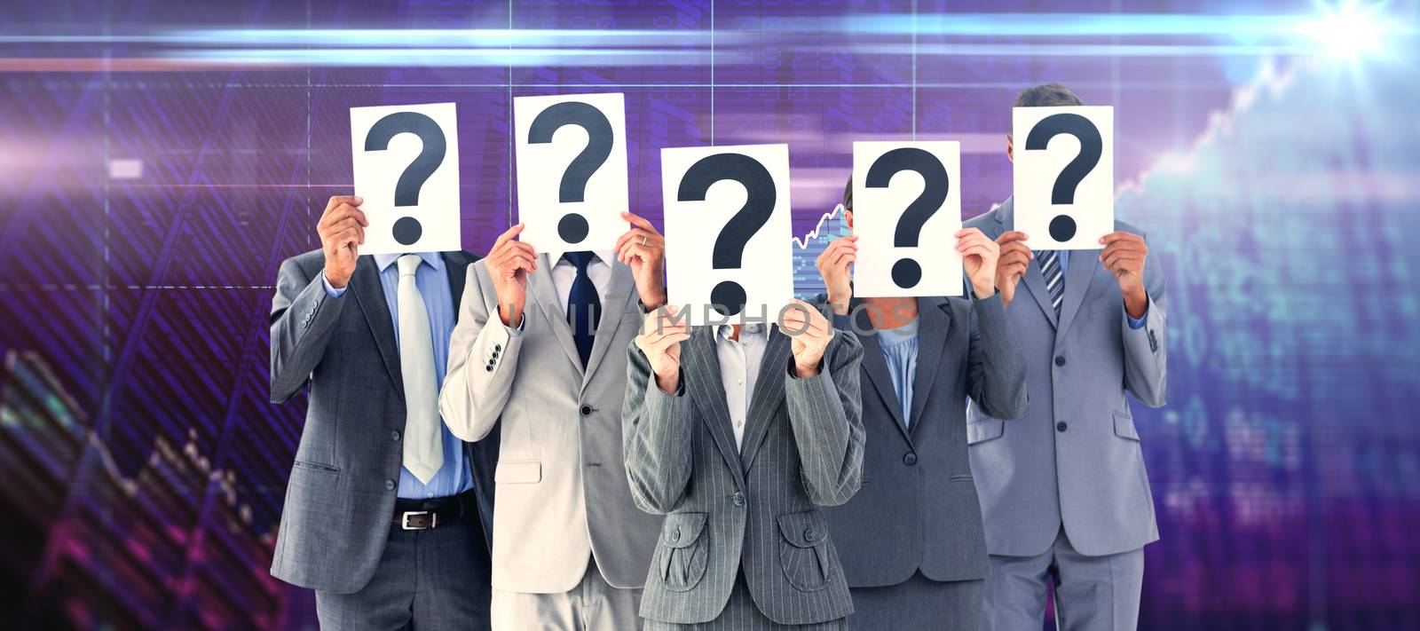 Business colleagues hiding their face with question mark sign against stocks and shares