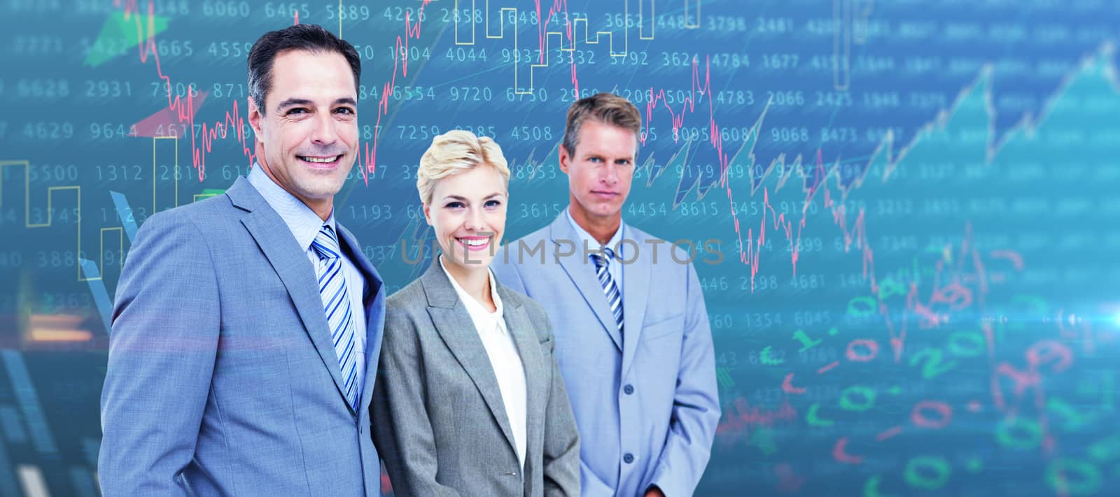 Businessman in a row with his business team against stocks and shares