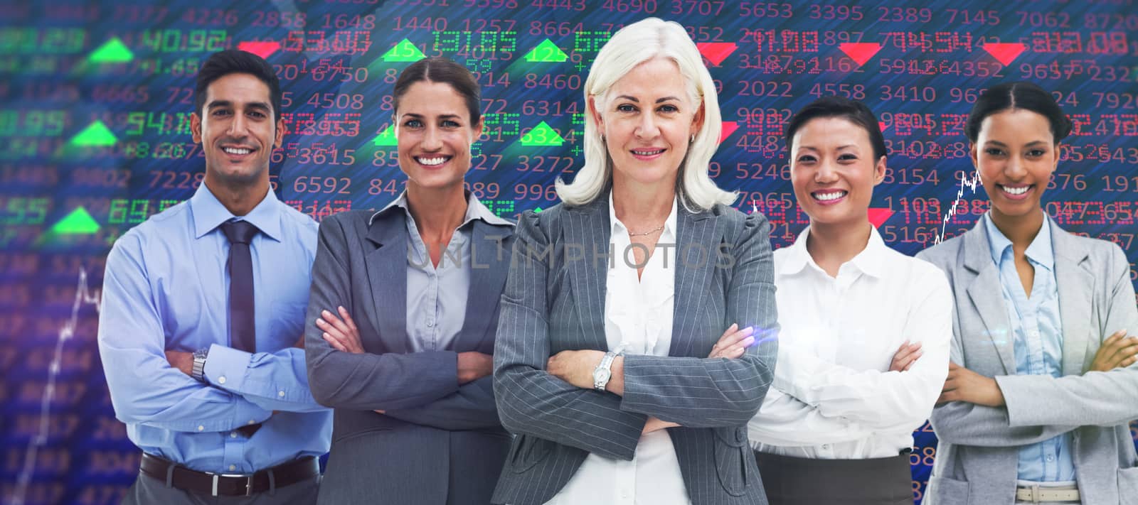 Business people with arms crossed smiling at camera  against stocks and shares