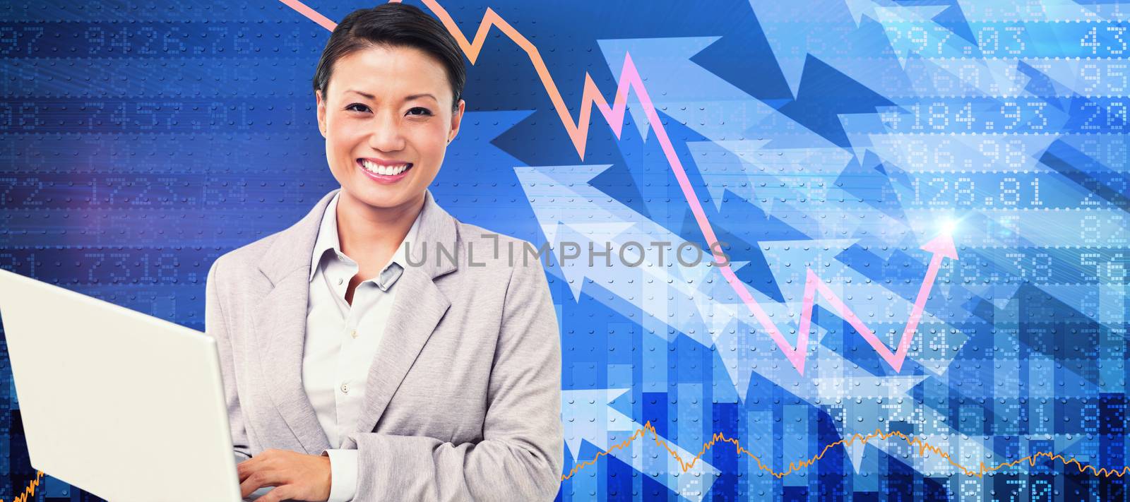 Composite image of businesswoman using laptop with colleagues behind by Wavebreakmedia