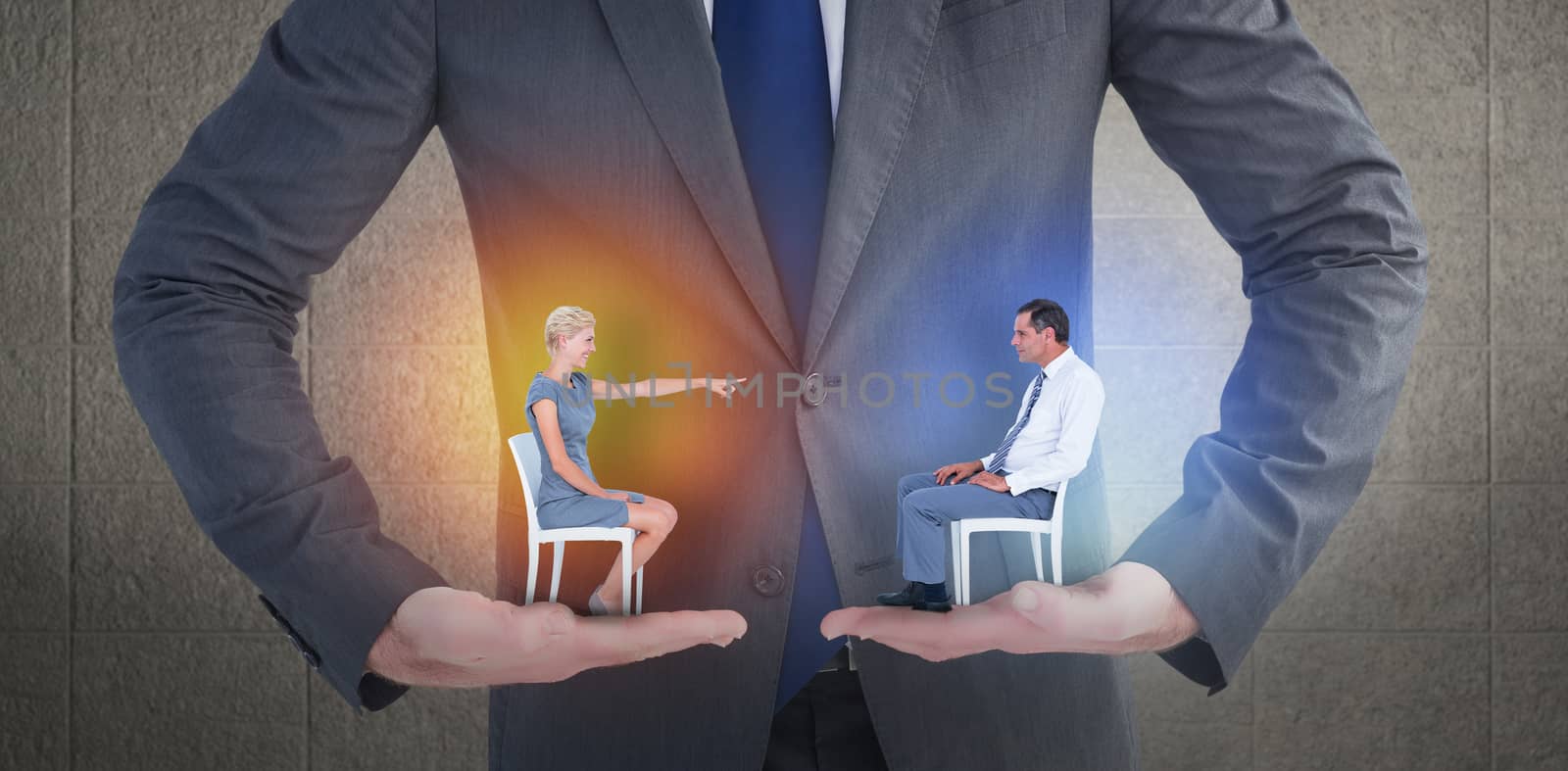 businesswoman pointing at businessman against grey room