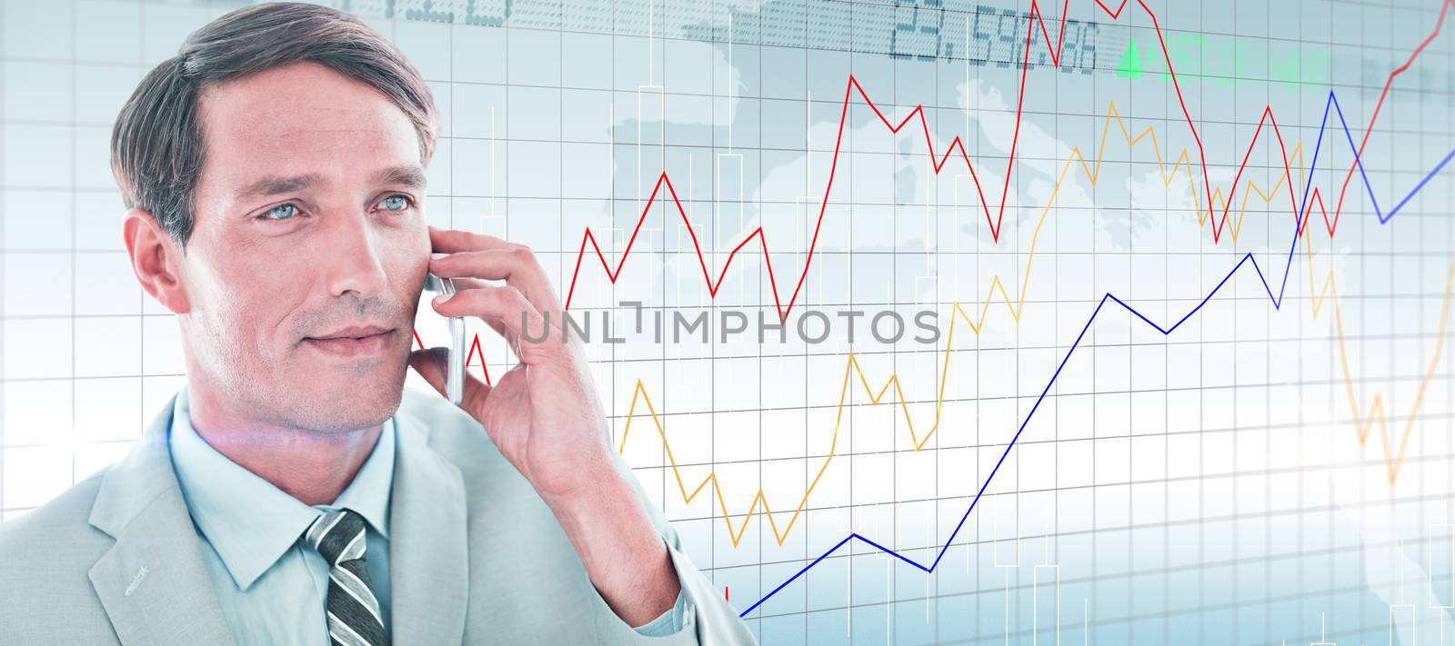 Business man having phone call  against stocks and shares