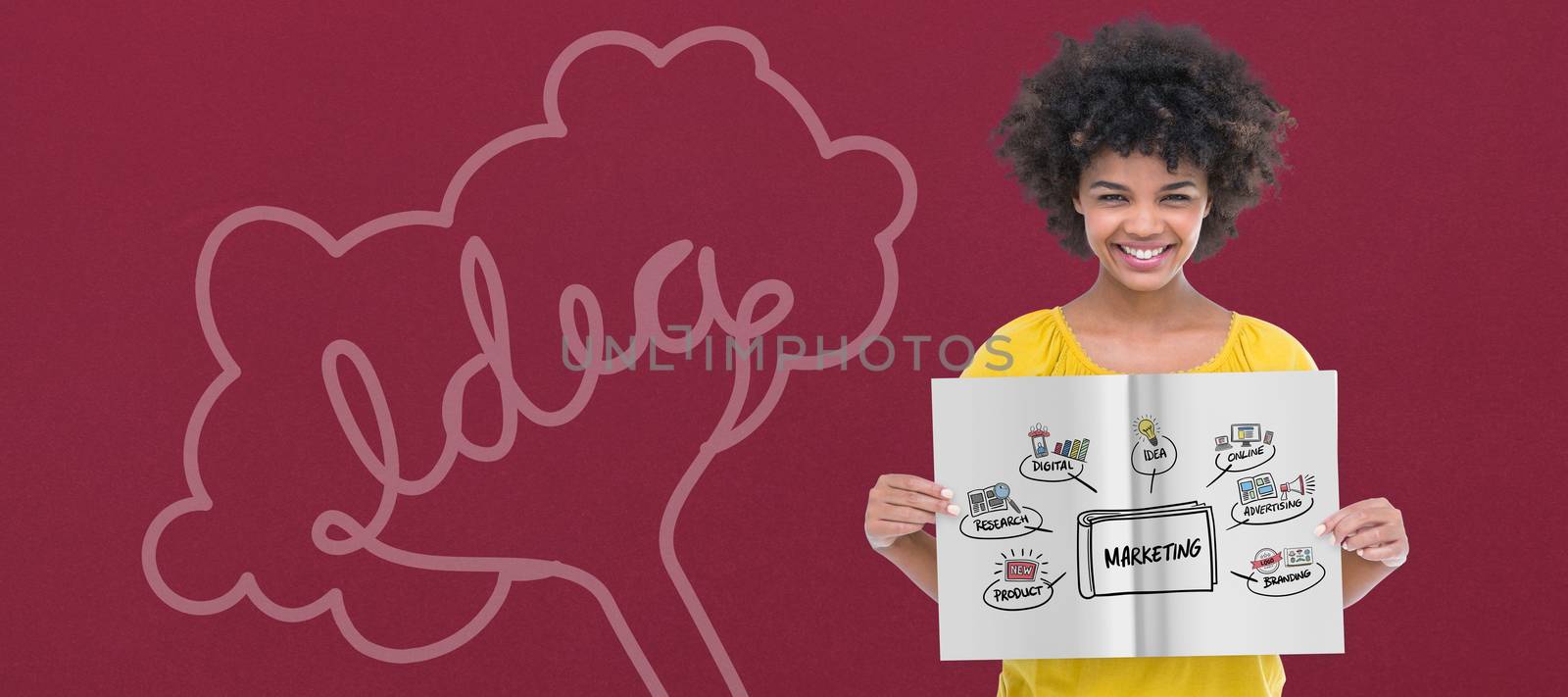 Pretty girl showing a book against red background