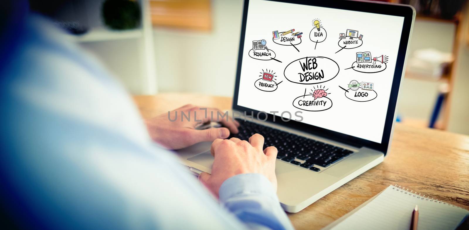 Businessman working on his laptop against web design doodle