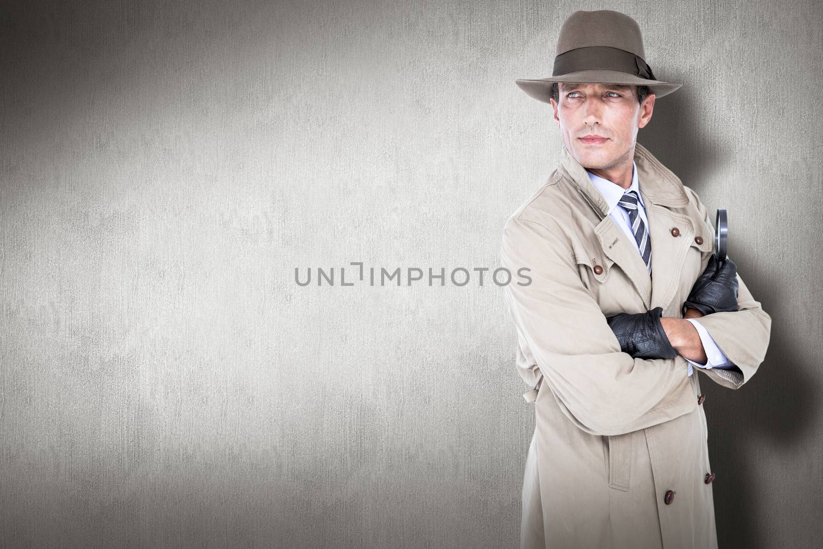 Spy looking through magnifier against white and grey background