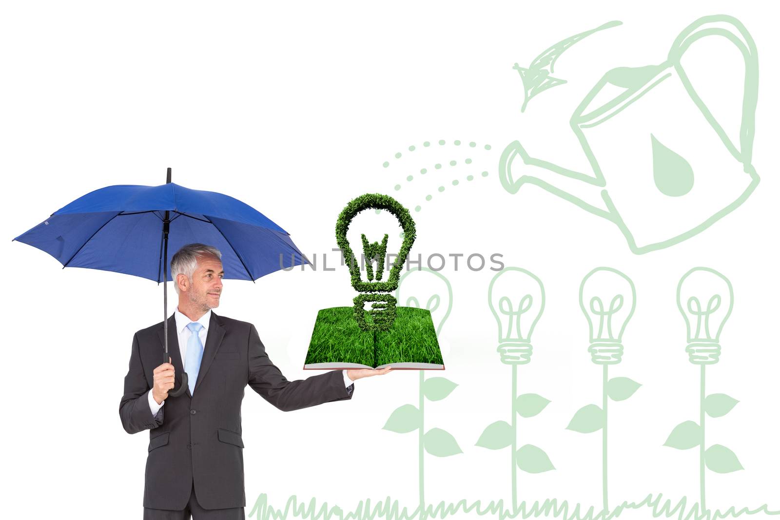 Composite image of man holding umbrella and lawn book by Wavebreakmedia