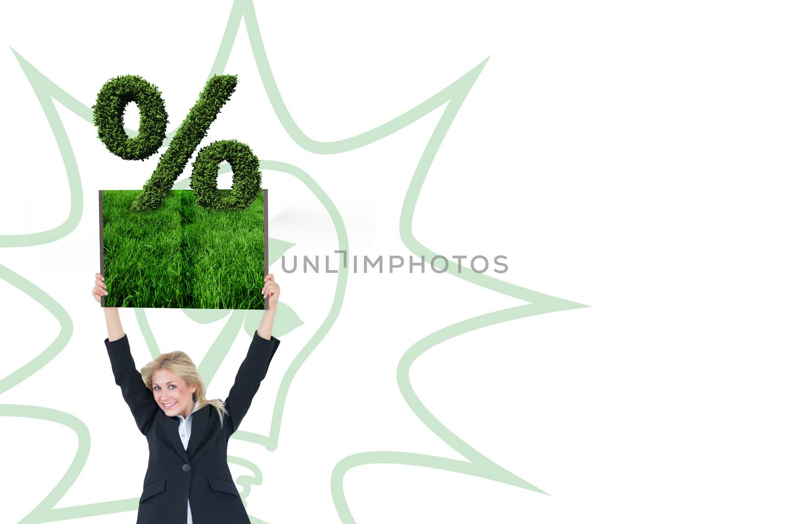 Woman holding up lawn book against percentage sign made of leaves