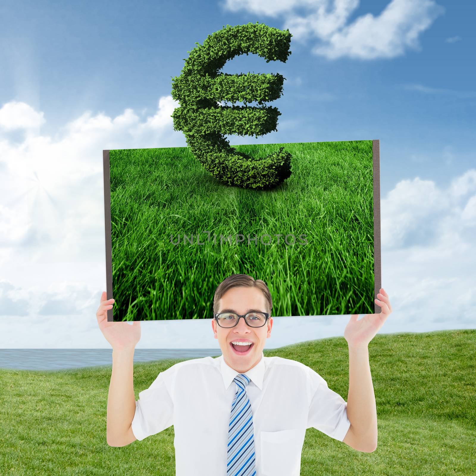 Man holding lawn book against green field under blue sky