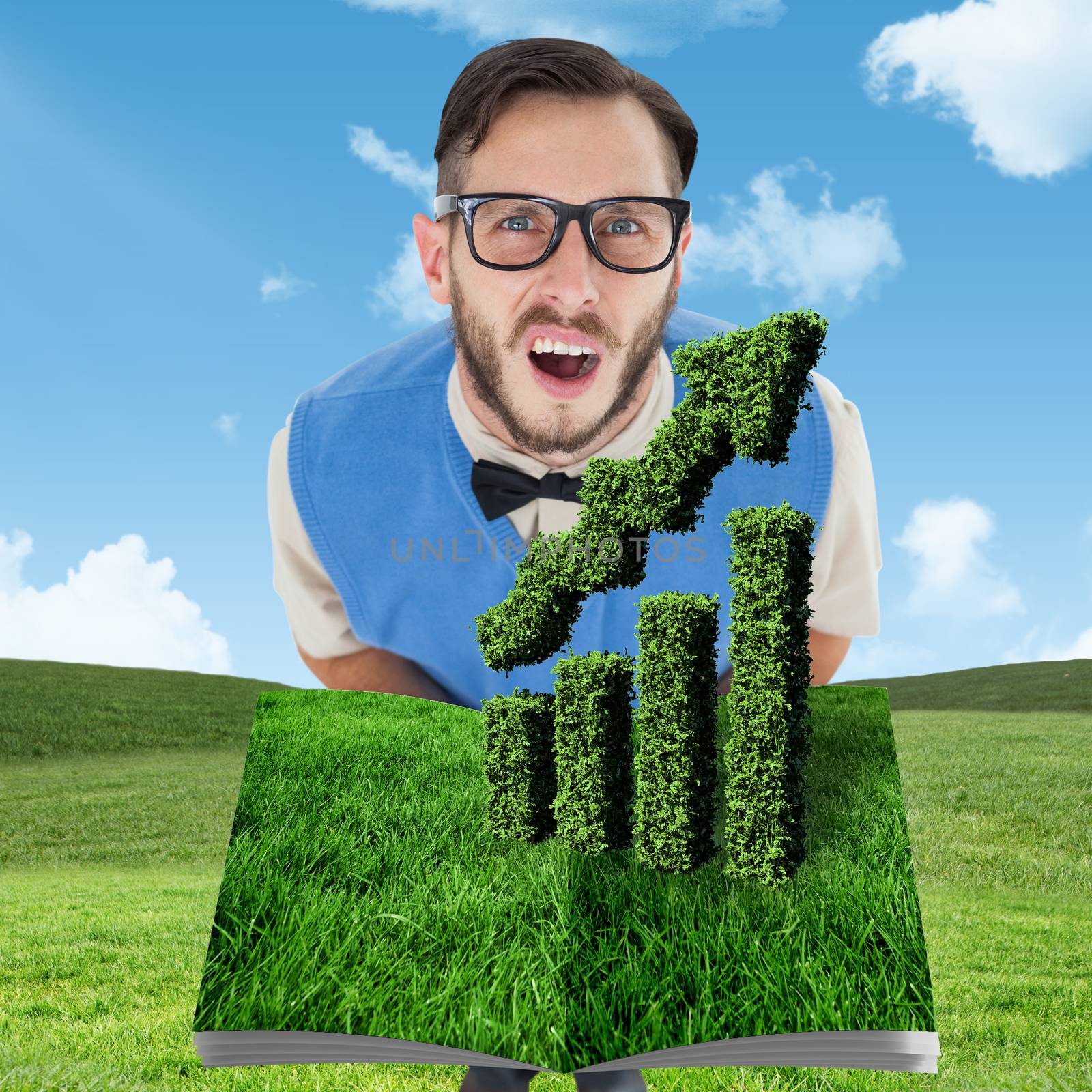 Man holding lawn book against blue sky over green field