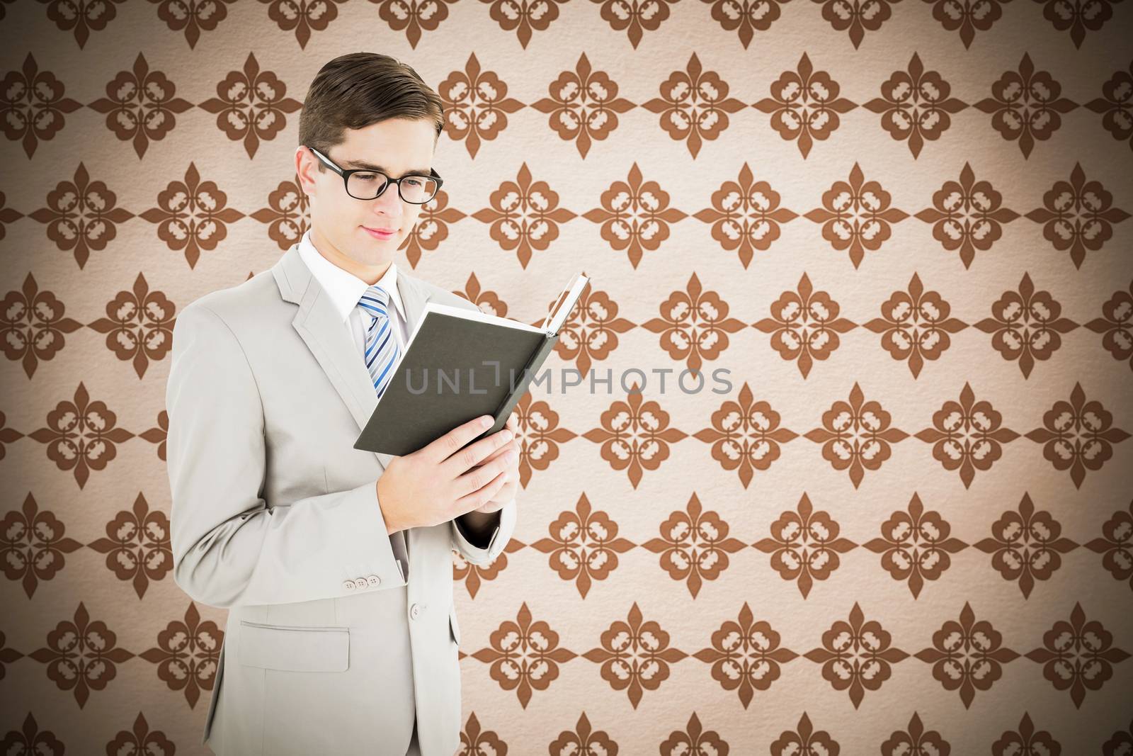 Geeky businessman reading black book against background