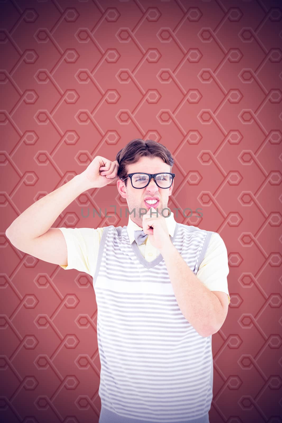 Geeky hipster thinking with hand on chin against background