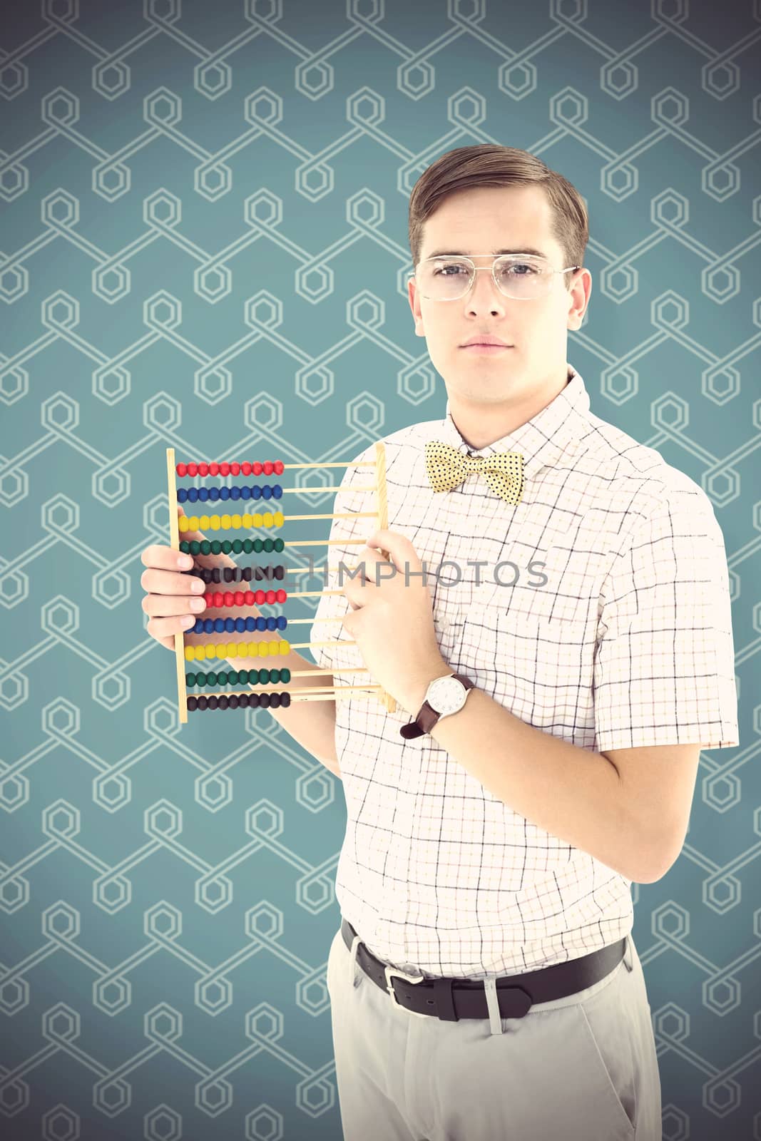 Geeky hipster holding an abacus against blue background