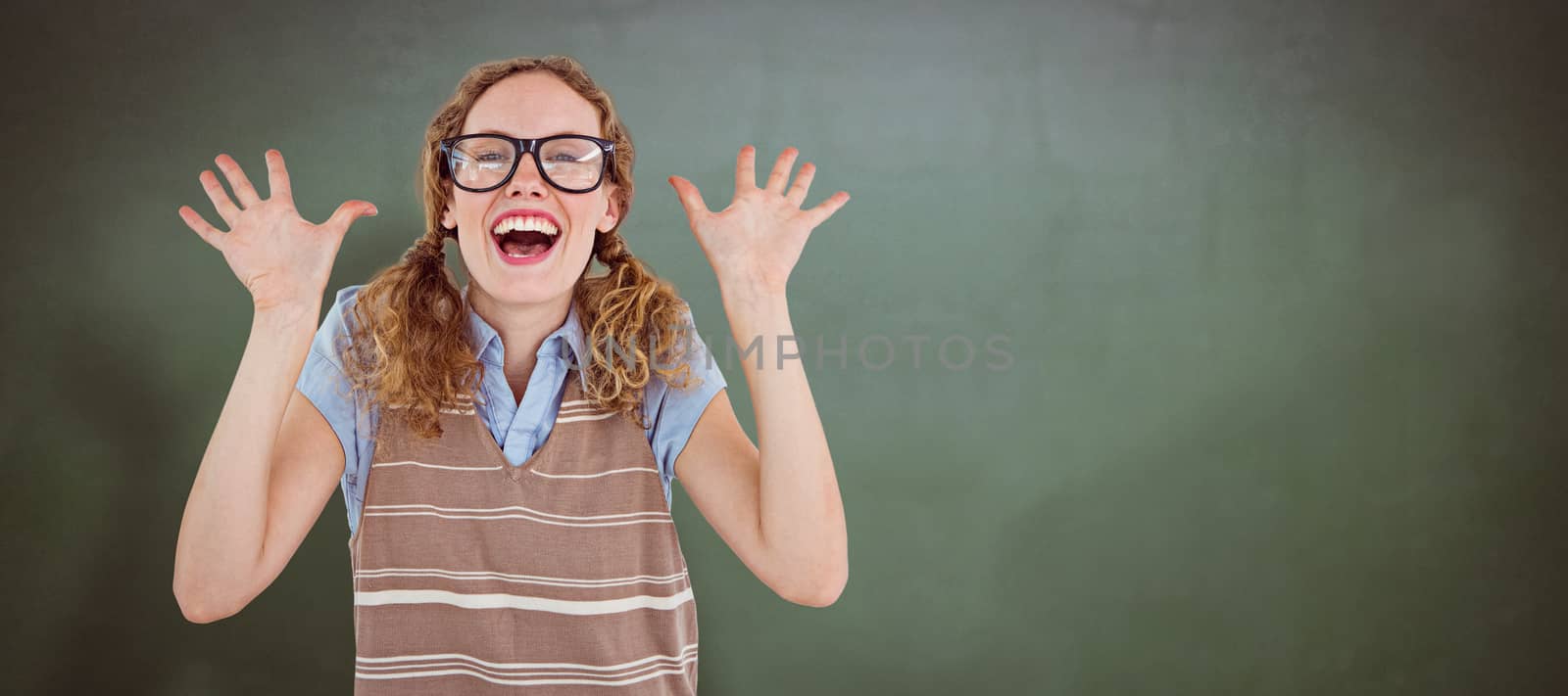 Composite image of geeky hipster woman smiling and showing her hands  by Wavebreakmedia